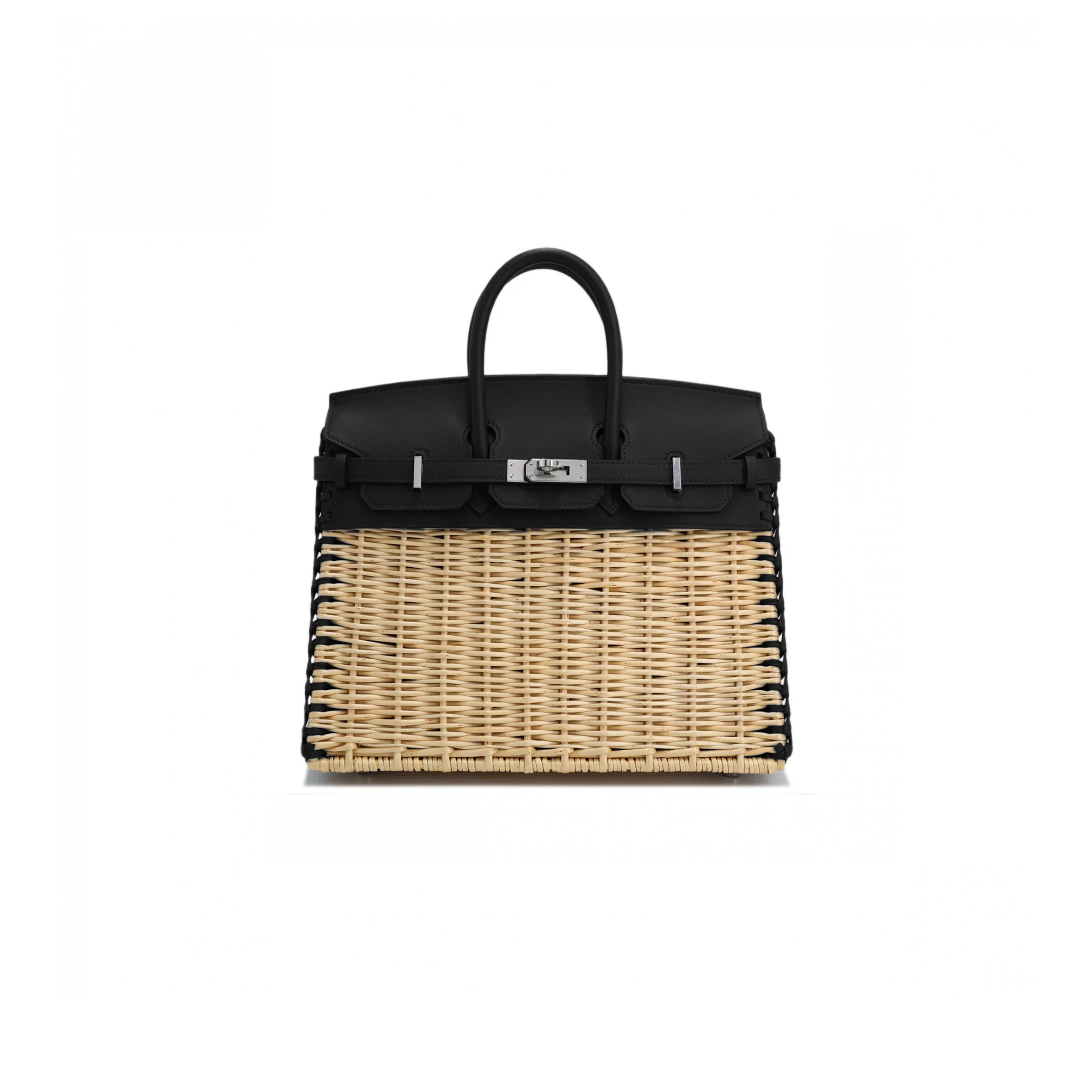 HERMÈS MASTER BIRKIN 25 PICNIC BAG BLACK SWIFT LEATHER AND WOVEN WICKER H082668CK03 (25*20*13cm)